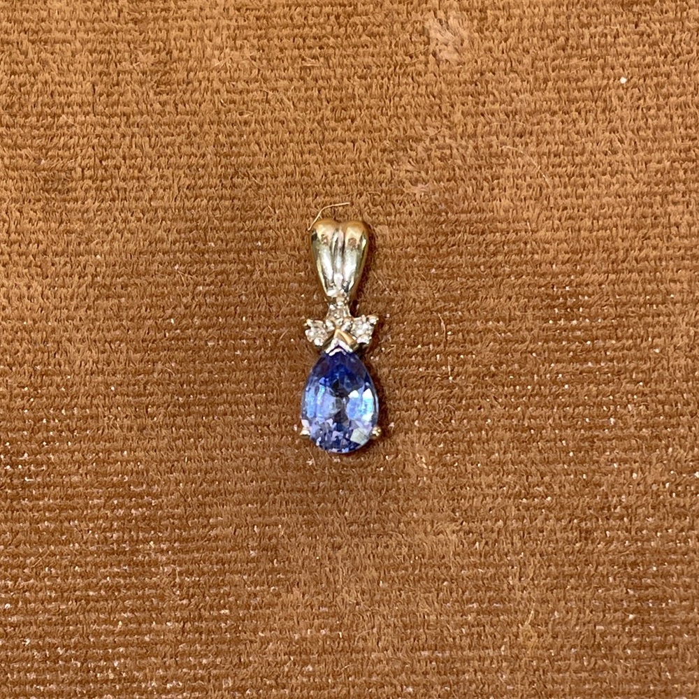 Solid 14K White Gold Natural Tanzanite Diamond Small Pendant Charm for Necklace